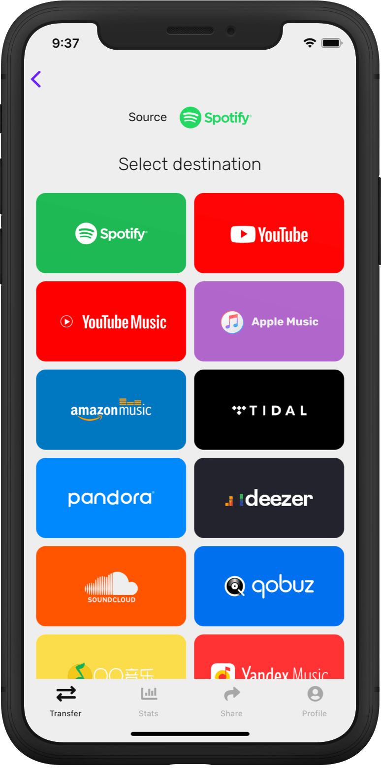 Step 2: Select Pandora as a destination music platform